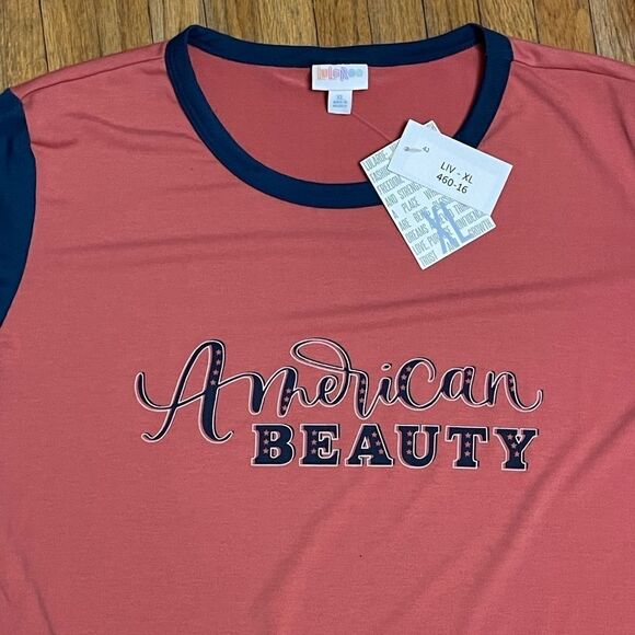 LuLaRoe Women’s XL Liv Retro Graphic Tee “American Beauty” Ribbed Neck & Cuffs - Picture 4 of 13